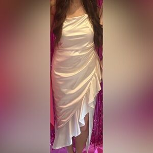 Spaghetti Strap Silk Satin Ruffle Slit Bridal Party Dress White Wedding